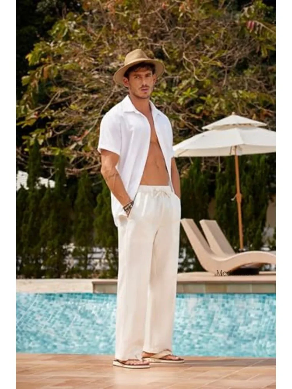Men Linen Casual Pants Elastic Waist Drawstring Straight Leg Summer Beach